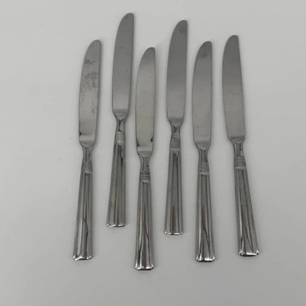 Pfaltzgraff Kenilworth Stainless Steel Dinner Knives Ribbed Neck Set of 6 Silver